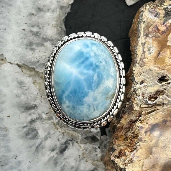 Sterling Silver Southwestern Style Oval Larimar Decorated Bar Ring S 7 For Women - Picture 5 of 10